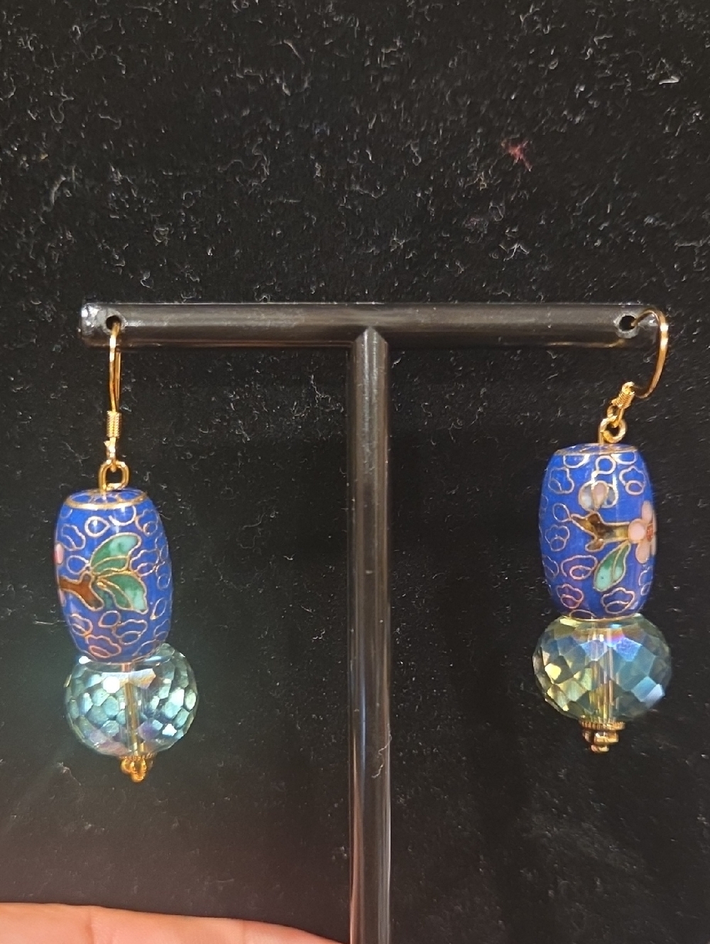 Blue Cloisonné and Iridescent Crystal Drop Earrings